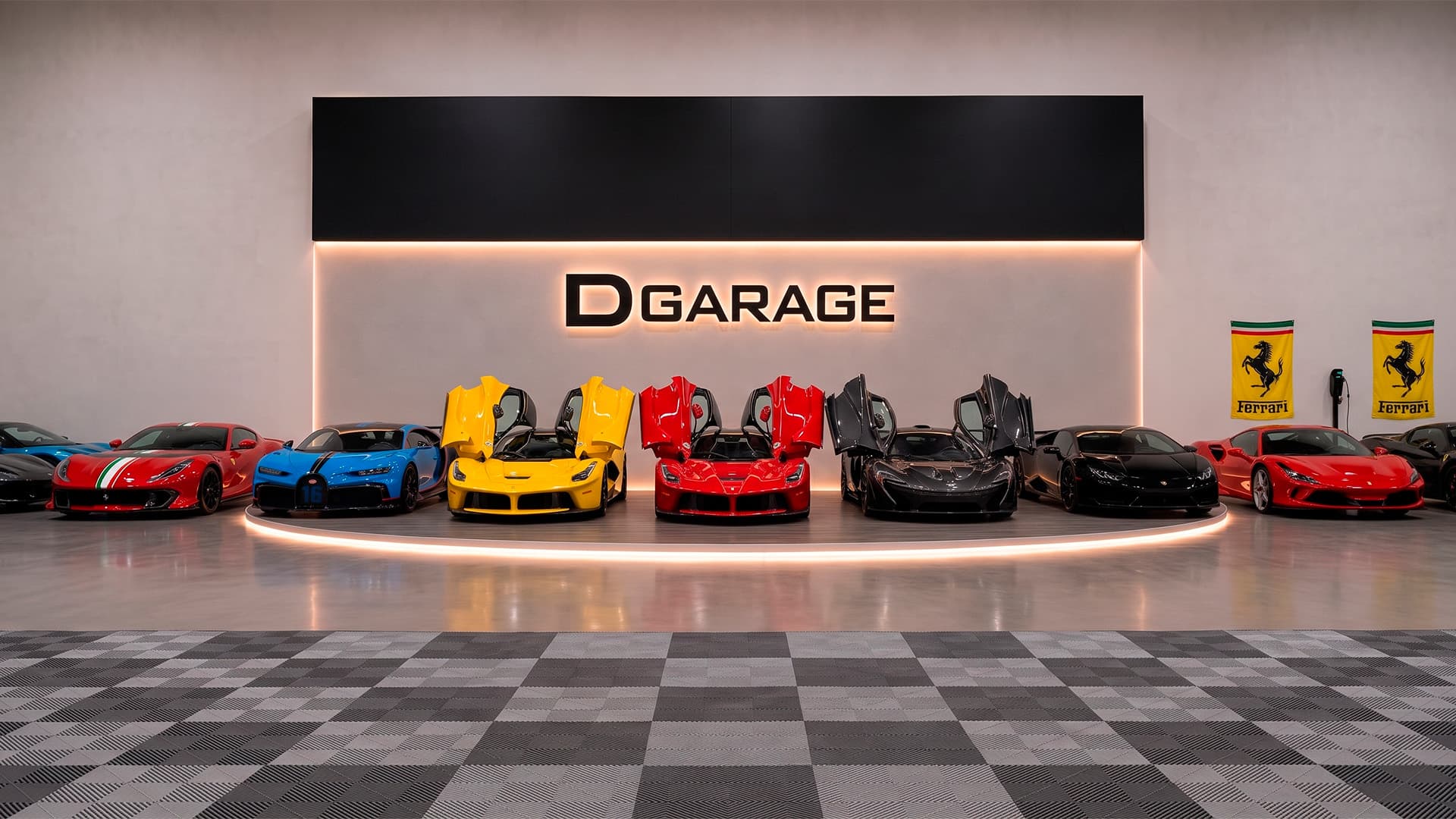 DGARAGE showroom — curated exotic vehicles under LED lighting, Miami