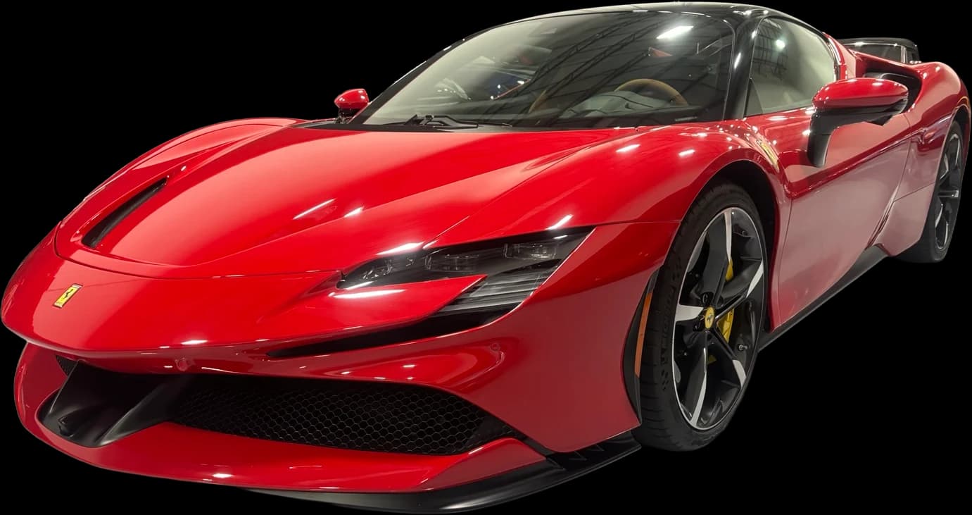 Red Ferrari SF90 Stradale, front three-quarter view